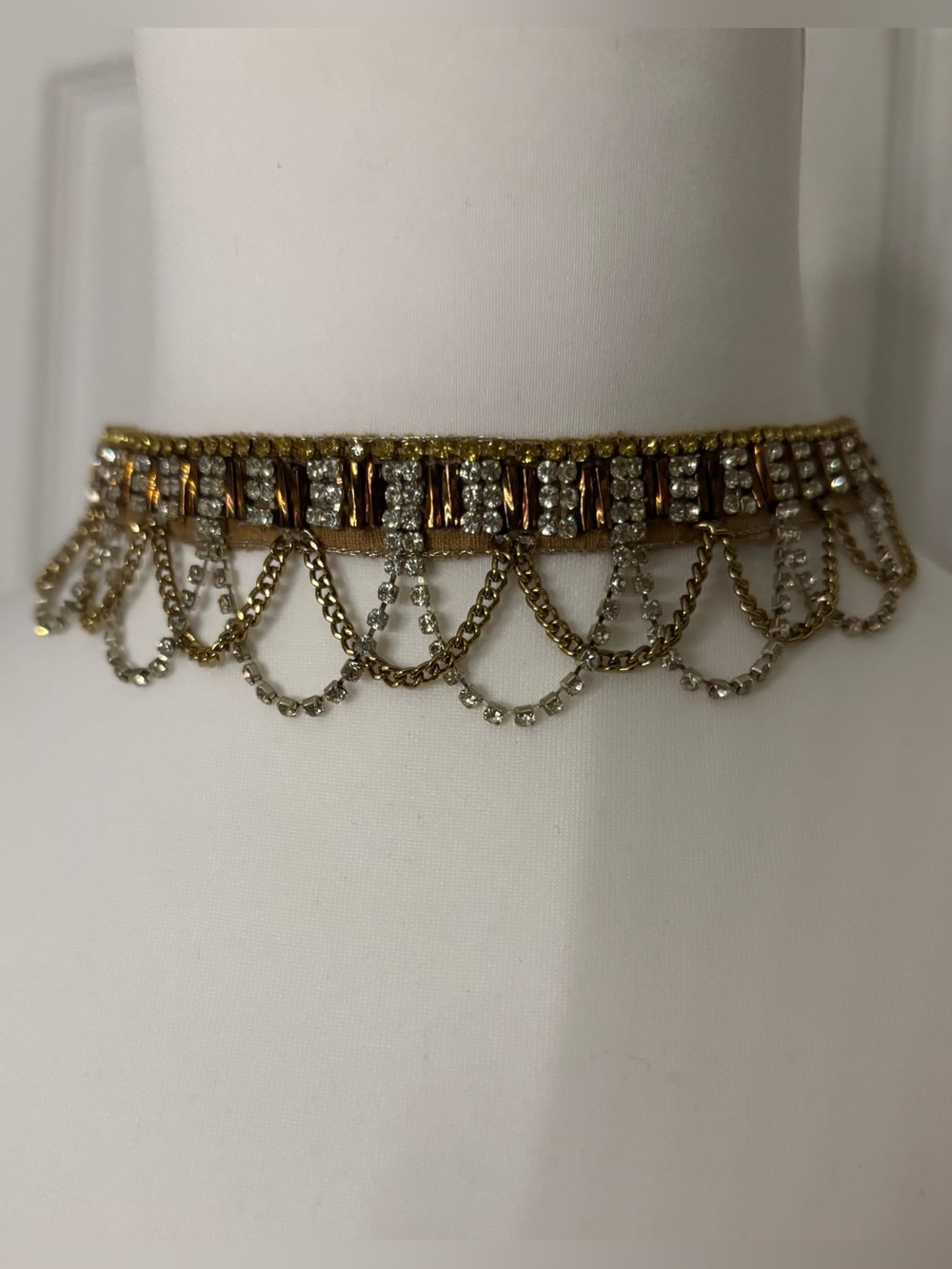 Deepa Gurnani Gold and Silver Rhinestone Chain Choker Necklace